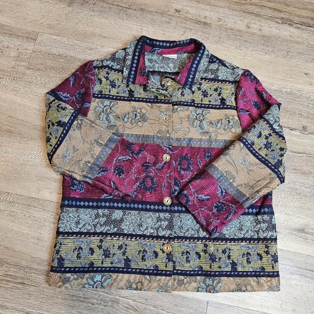 Tapestry Jacket Jacquard Floral Red Blue Tan Multicolor Textured Boxy - Picture 11 of 12